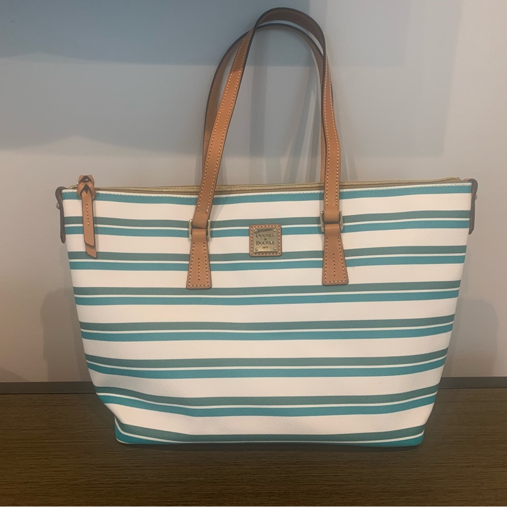 NWT RARE Dooney & Burke Stonington Zip Top Shopper Spearmint/Mint/White Stripe